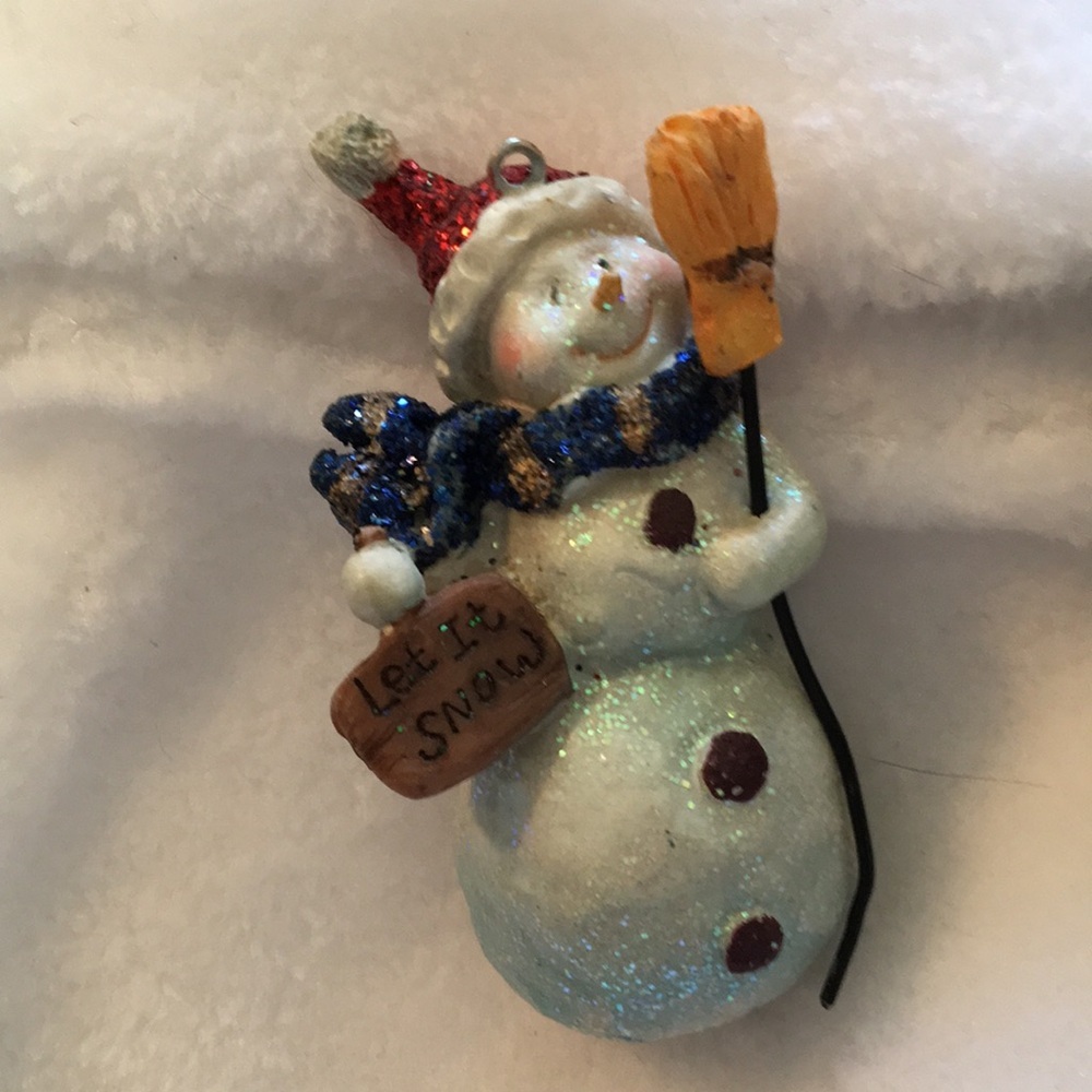 Glittery Snowman Ornament with Red Hat and Blue Scarf